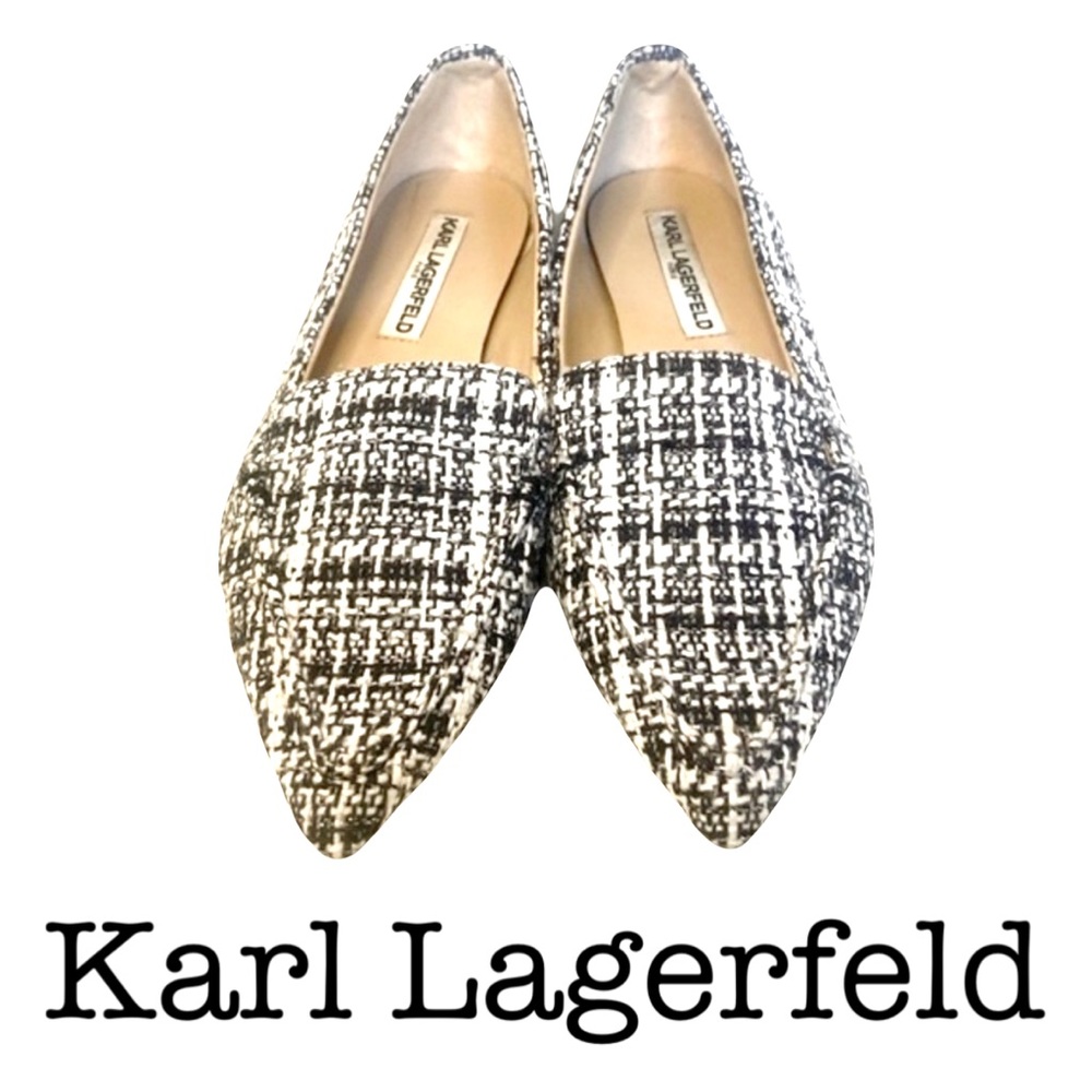 Karl Lagerfeld Paris Black White Tweed Destine Loafer Flat Shoe Size 6.5
